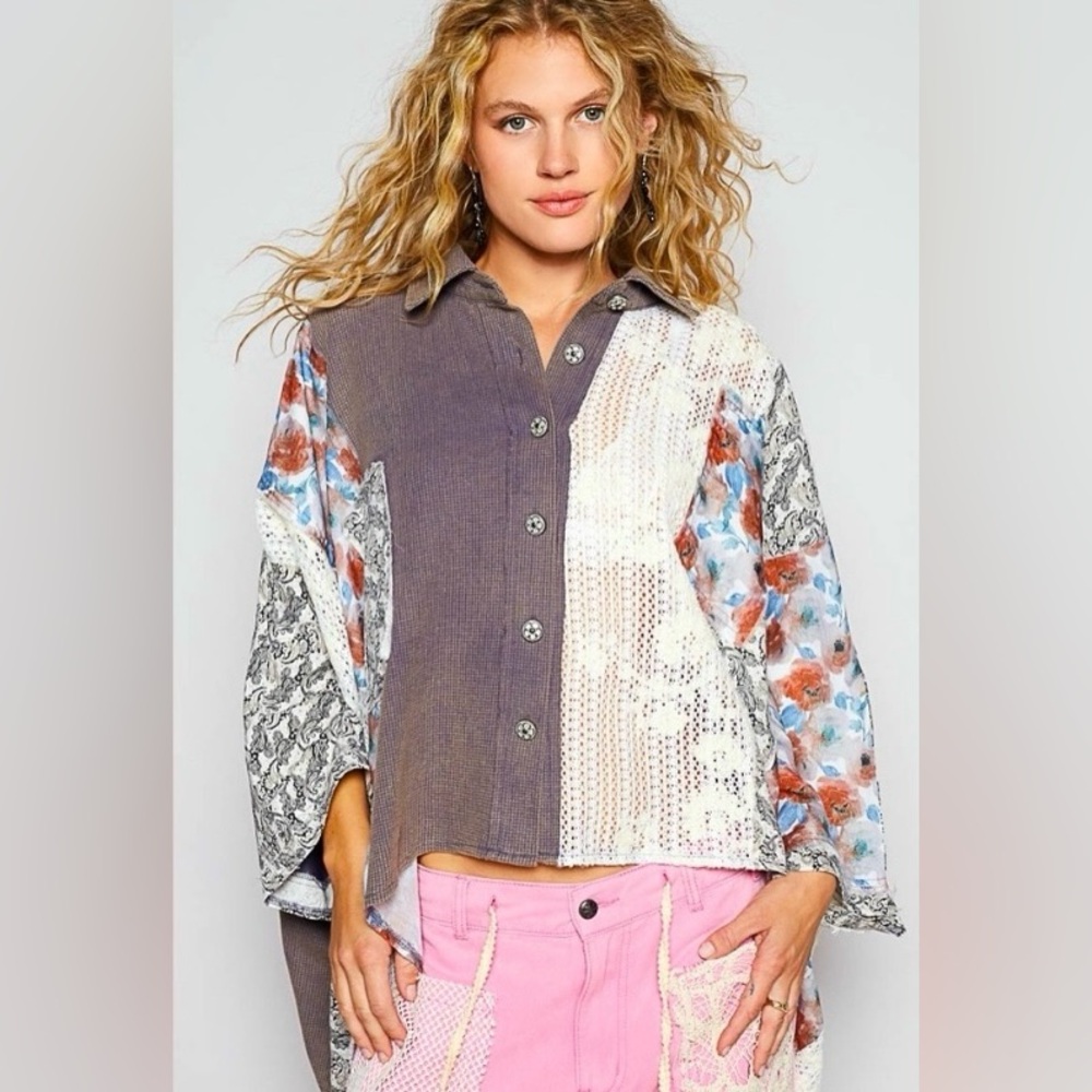 POL Floral Patchwork Lace Button-Up Oversized Shi… - image 14